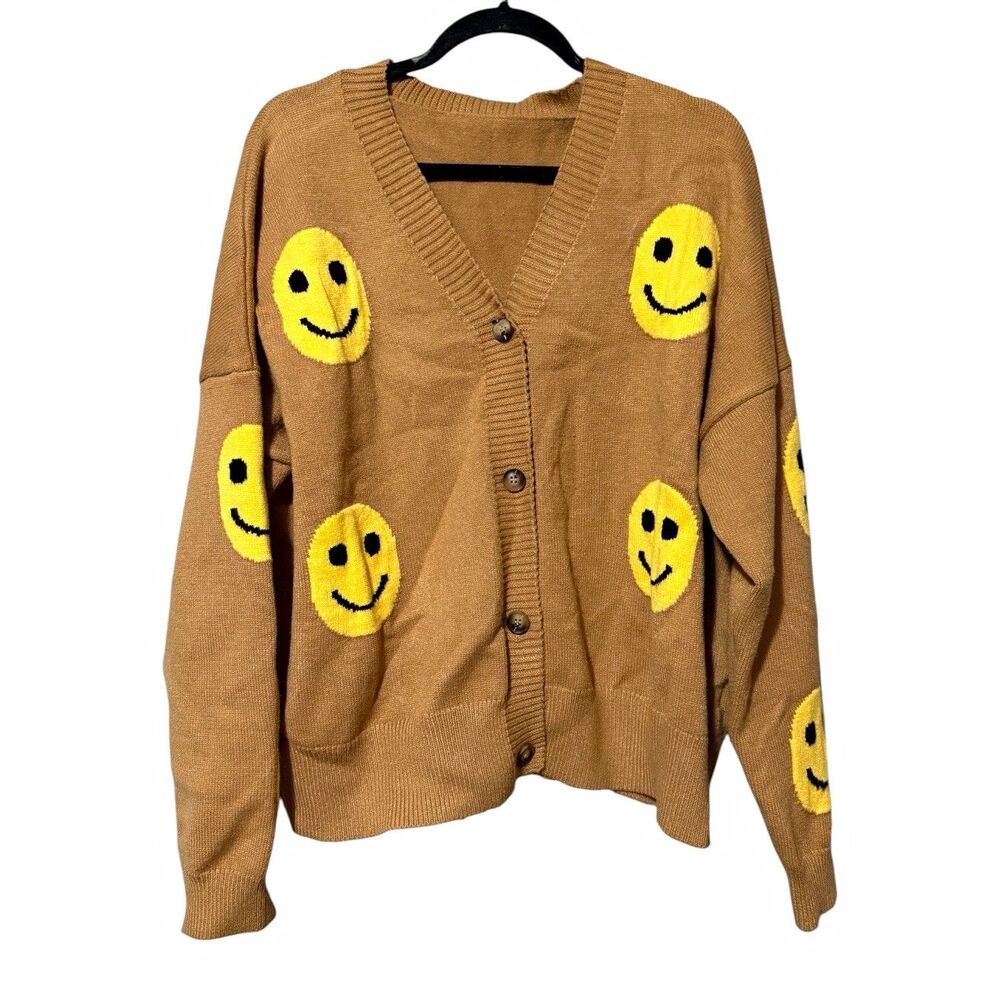 Chou Yatou Tan Smiley Graphic Button Front V-Neck Knit Cardigan Sweater XXL